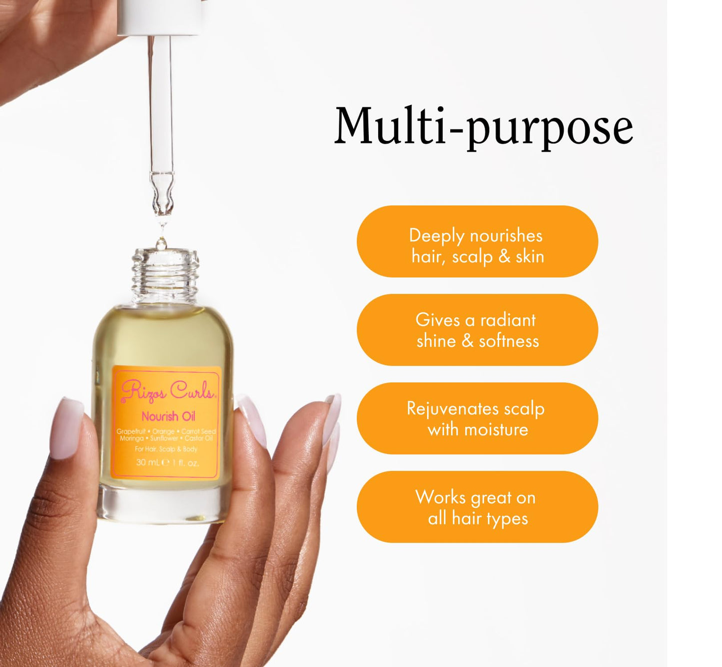 Rizos Curls Nourish Oil - Strength & Frizz Control - Improve Split Ends & Repair Dry Brittle Hair - Smooths & Hydrates All Hair Types Straight, Wavy