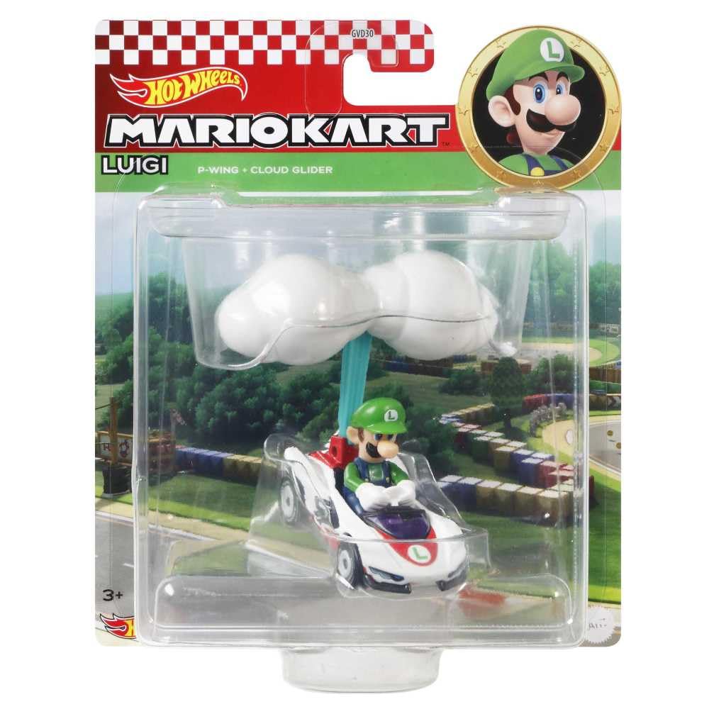 Hot Wheels Die-Cast Mario Kart Luigi in P-Wing Kart with Cloud Glider