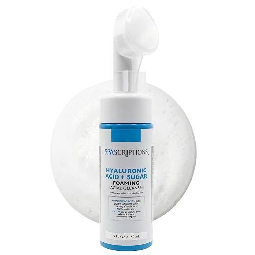 SpaScriptions 2 in 1 Cleanse & Exfoliate Foaming Facial Cleanser - Hydrating Hyaluronic Acid Face Wash with Sugar for Dry Skin with Soft Silicone