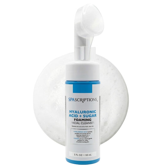 SpaScriptions 2 in 1 Cleanse & Exfoliate Foaming Facial Cleanser - Hydrating Hyaluronic Acid Face Wash with Sugar for Dry Skin with Soft Silicone