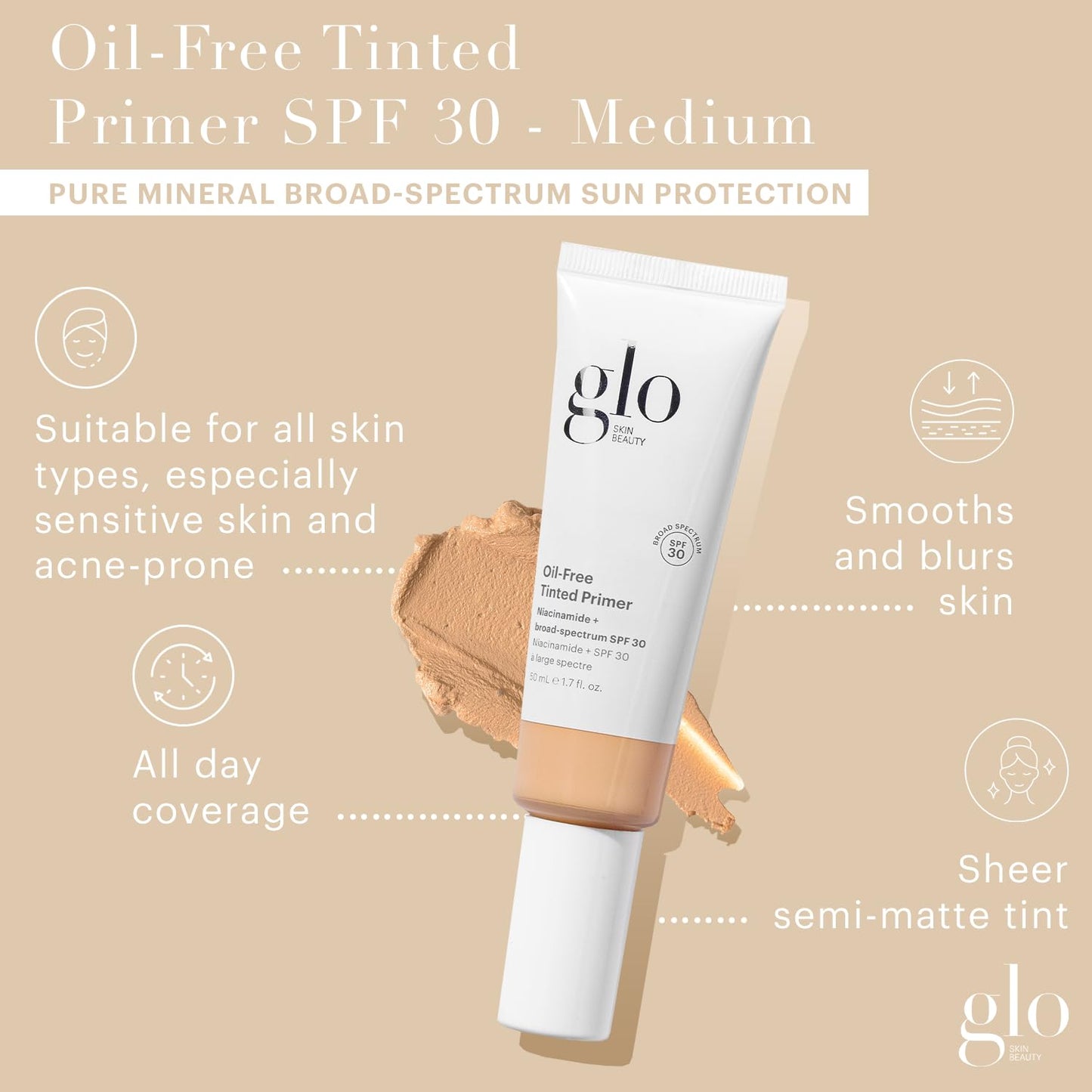 Glo Skin Beauty Oil-Free Tinted Primer SPF 30 - Mineral Makeup for Face, 4-in-1 Foundation Primer, Sheer Coverage, Skincare & Sunscreen With Broad
