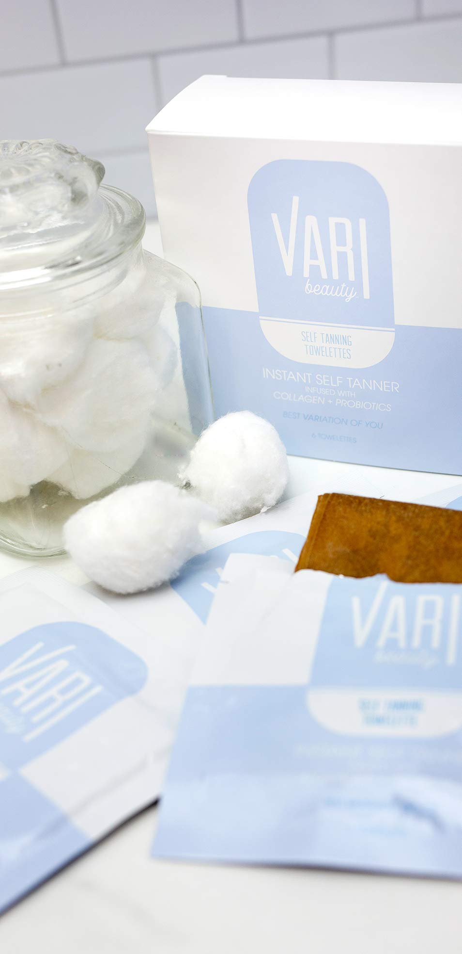 Vari Beauty Self-Tanning Towelettes (4" x 4") with Collagen and Probiotics | Imparts an Off-the-Beach Bronze Look | Quick Drying and Streak Free |