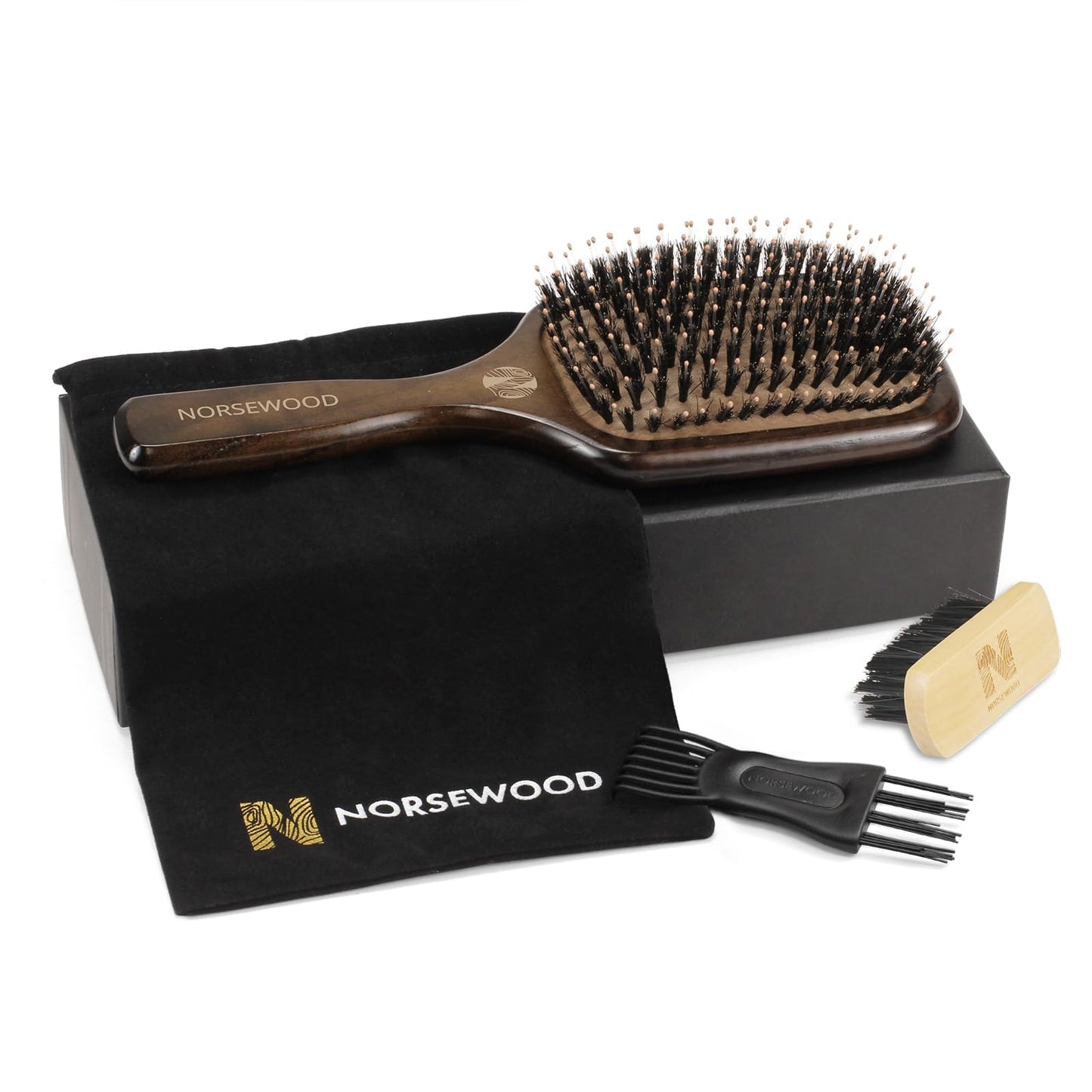 Norsewood Boar Bristle Hair Brush Set, Soft Bristle Detangler for Long, Short, Thin, Curly, Straight, or Wavy,Hairbrush for Enhancing Shine,Great