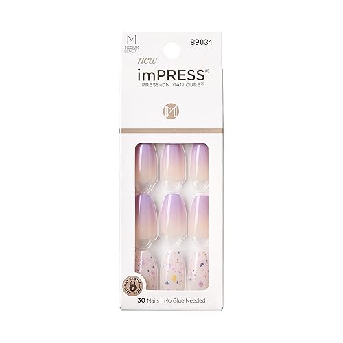 KISS imPRESS No Glue Mani Press On Nails, Design, 'All I Want', Purple, Medium Size, Coffin Shape, Includes 30 Nails, Prep Pad, Instructions Sheet, 1