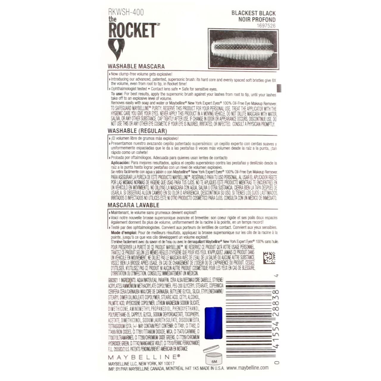 Maybelline Volume' Express The Rocket Washable Mascara, Blackest Black [400], 0.3 oz (Pack of 6)