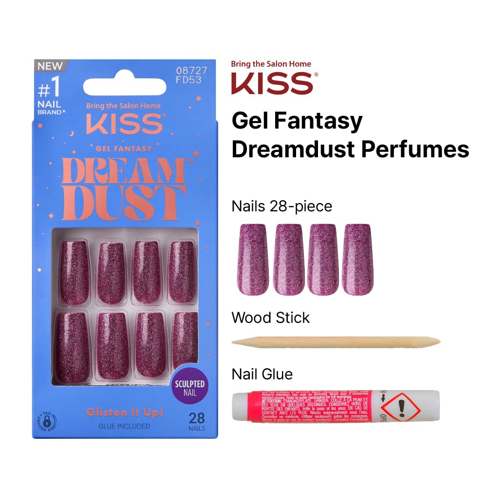 KISS False Nails Kit, Dreamdust Ready to Wear Gel Sculpted Nails, Stick and Glue Included, Long Length, Square Shape with Glitter Effect, Long-Lasting Beauty & Personal Care KISS