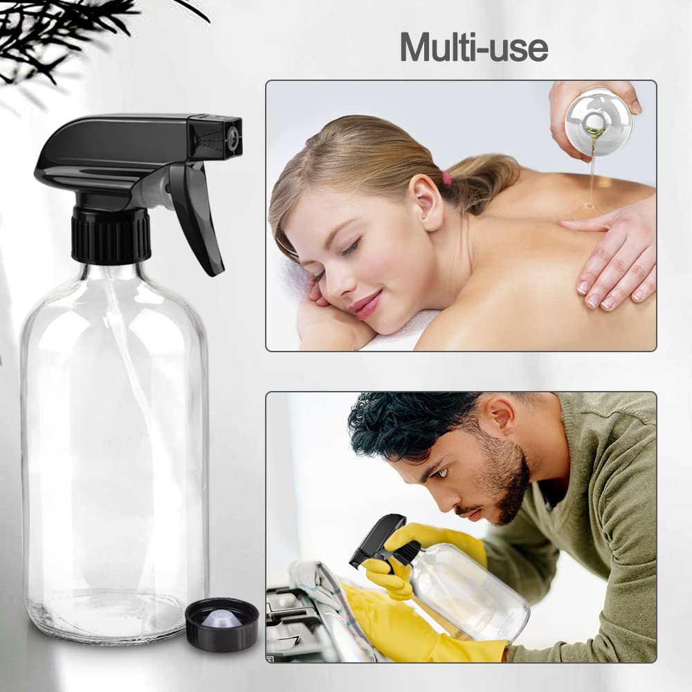 Worldgsb Glass Spray Bottles, 16oz Refillable Containers, Empty Boston Round Bottles with Labels & Adjustable Nozzle for Cleaning, Gardening Beauty and Personal Care Worldgsb