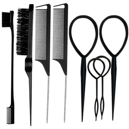 ZVOREI 8Pcs Black Hair Brushes Set with 4Pcs Topsy Tail Tools, Teasing Bristle Brush, Edge Control Brush, and 2Pcs Metal Pin Rat Tail Combs Beauty and Personal Care ZVOREI Default Title