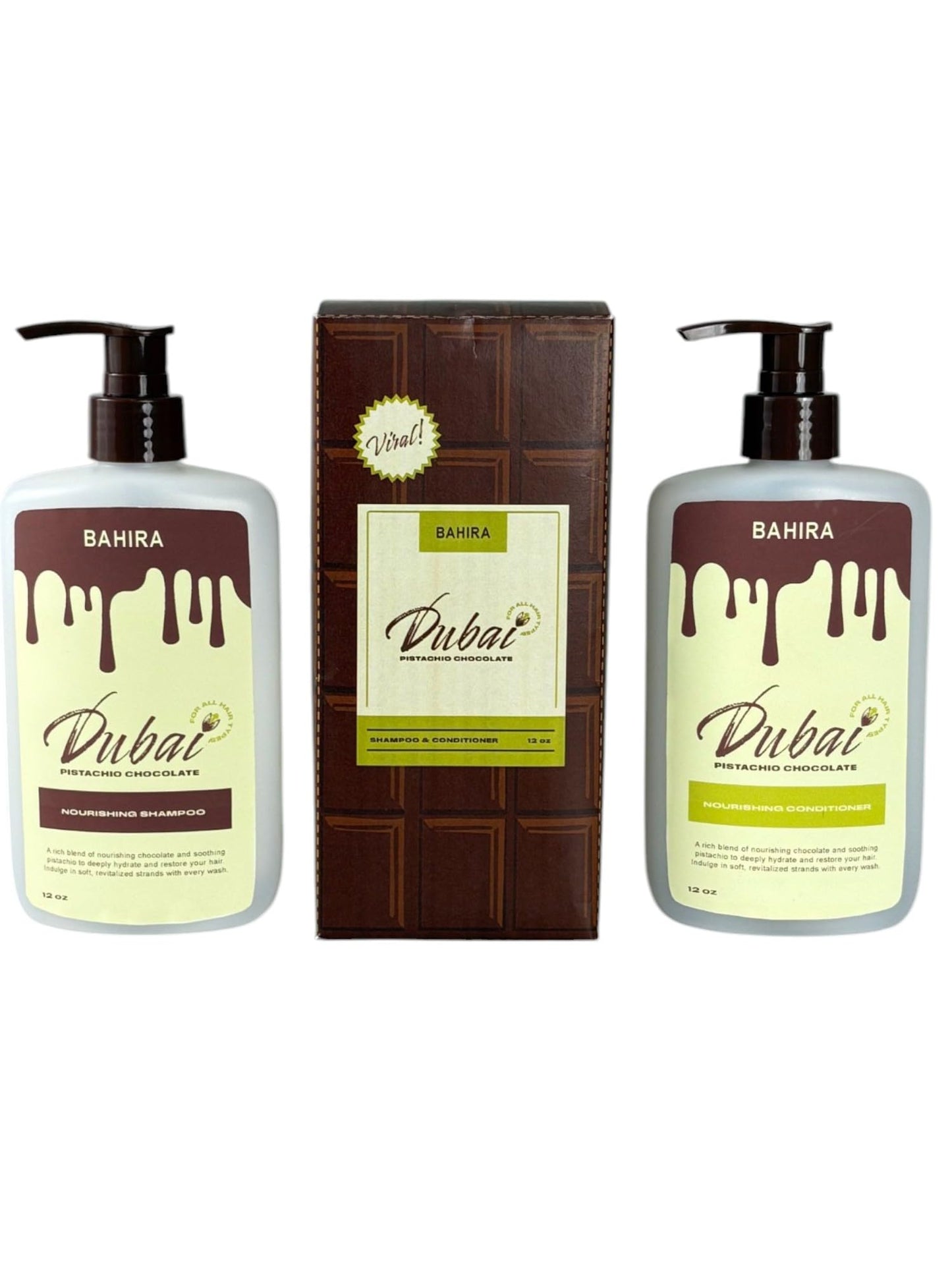 BAHIRA Dubai Chocolate & Pistachio 8oz Shampoo & Conditioner Bundle, Nourishing, Hydrating & Moisturizing, Infused with Pistachio Oil and Cocoa