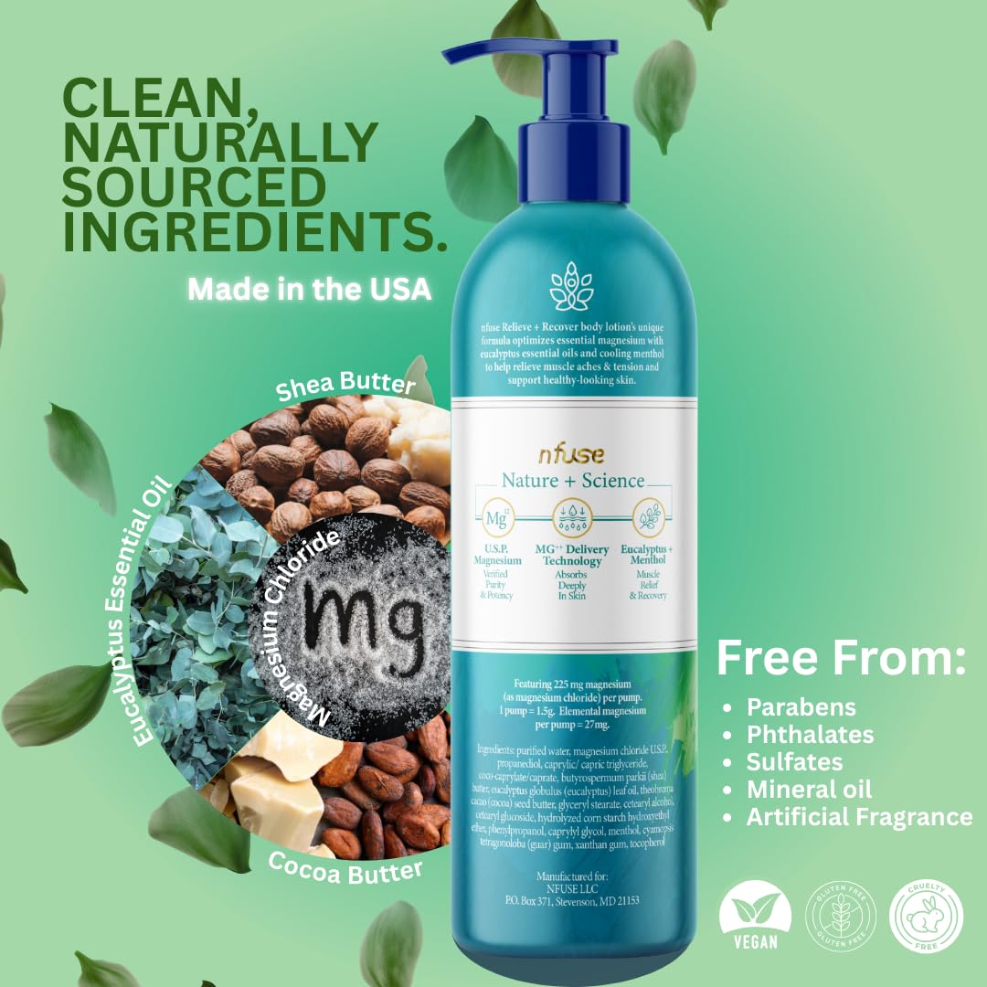 nfuse Magnesium Lotion - 225 mg USP Magnesium Chloride, Eucalyptus & Cooling Menthol, Fast Absorbing, Full-Body Muscle Recovery & Tension Relief