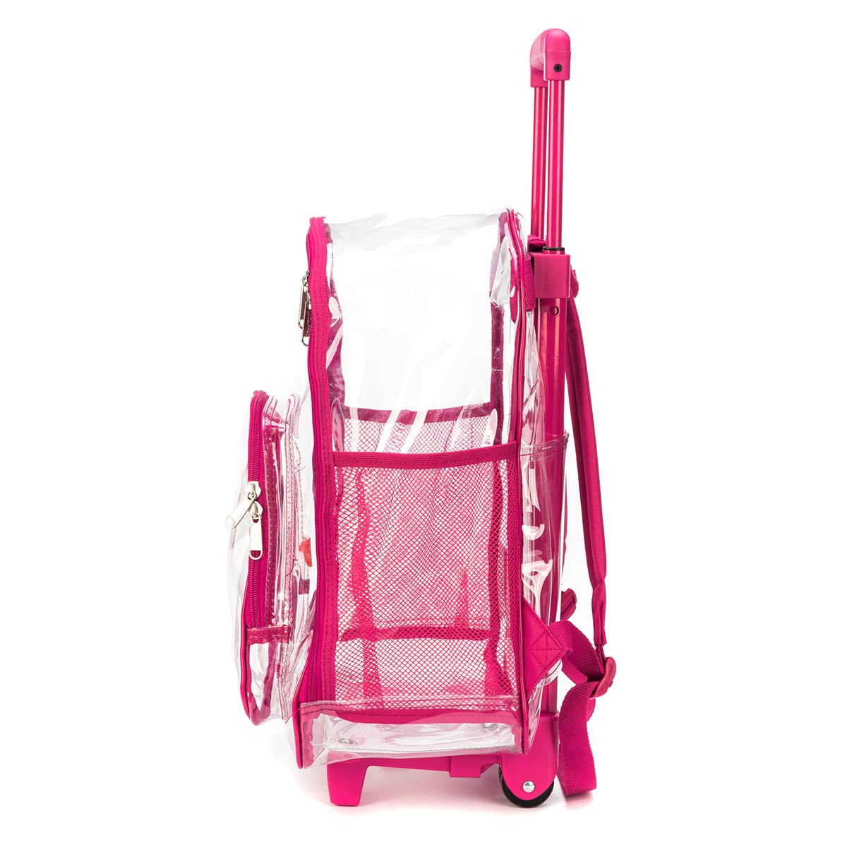 NiceAndGreat Rolling Clear Backpack Heavy Duty Bookbag Quality See Through Workbag Travel Daypack Transparent School Book Bags with Wheels Hot Pink