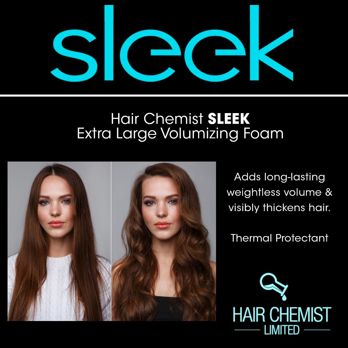 Hair Chemist SLEEK Extra Large Volumizing Foam 8 oz. - Natural Hair Volume & Thermal Protectant, Frizz Free Volumizing Foam