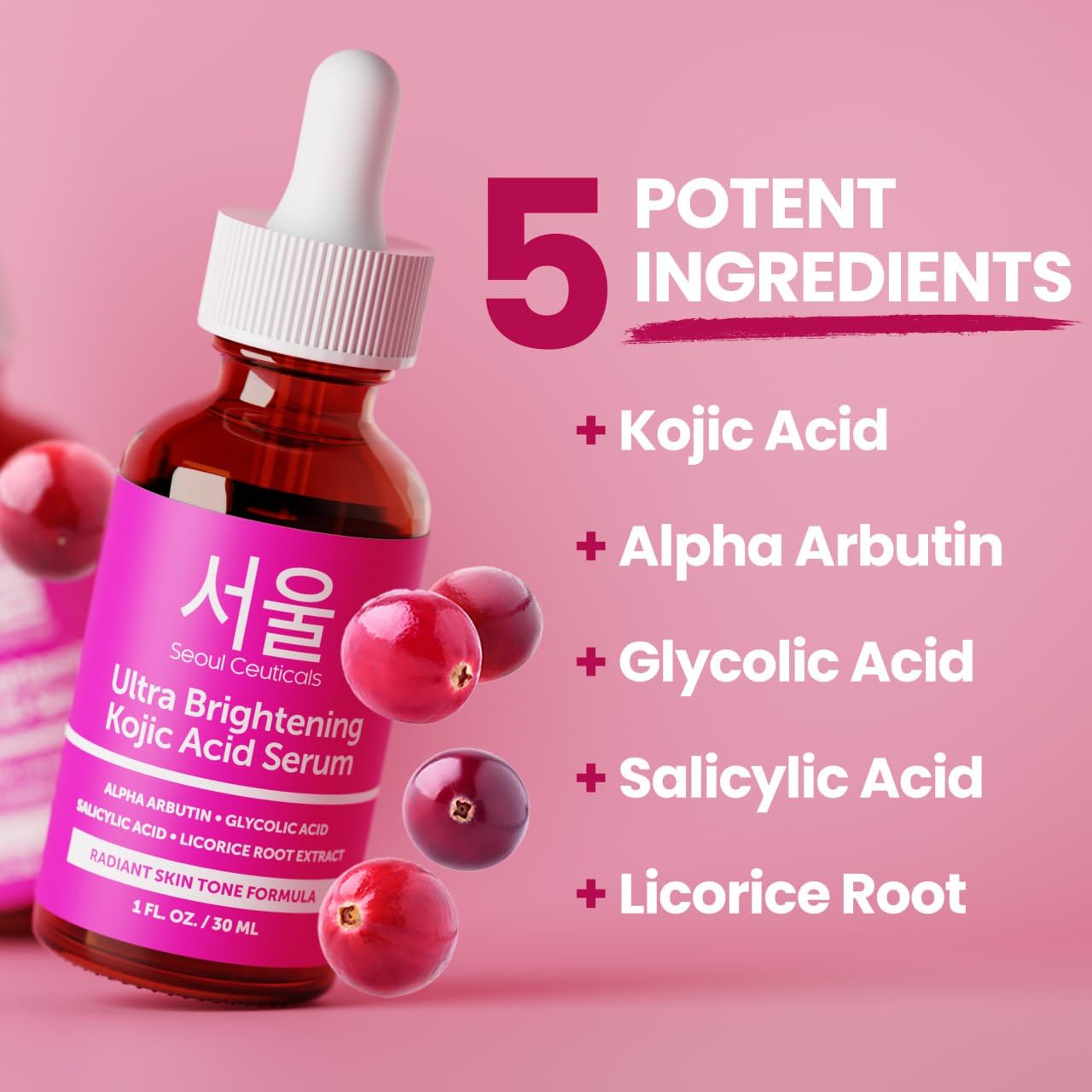 SeoulCeuticals Korean Skin Care Kojic Acid Serum Alpha Arbutin - Dark Spot Remover Corrector Glycolic Acid + Salicylic Acid K Beauty 1oz