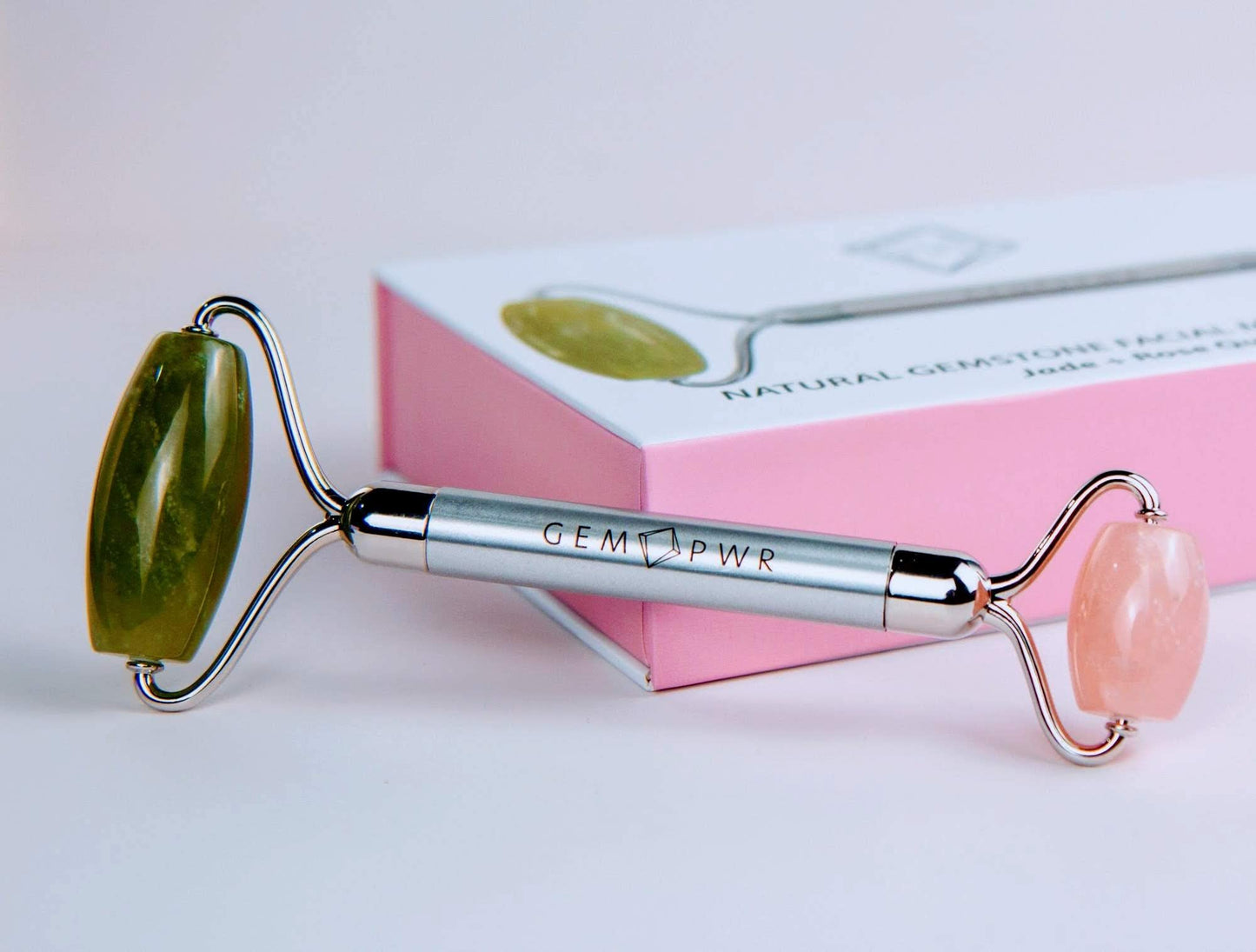 GEM PWR Rose Quartz + Jade Roller for Face and Neck Massage, Dual Gemstones with Durable Steel Handle and Travel Bag. Minimize Wrinkles, Reduce