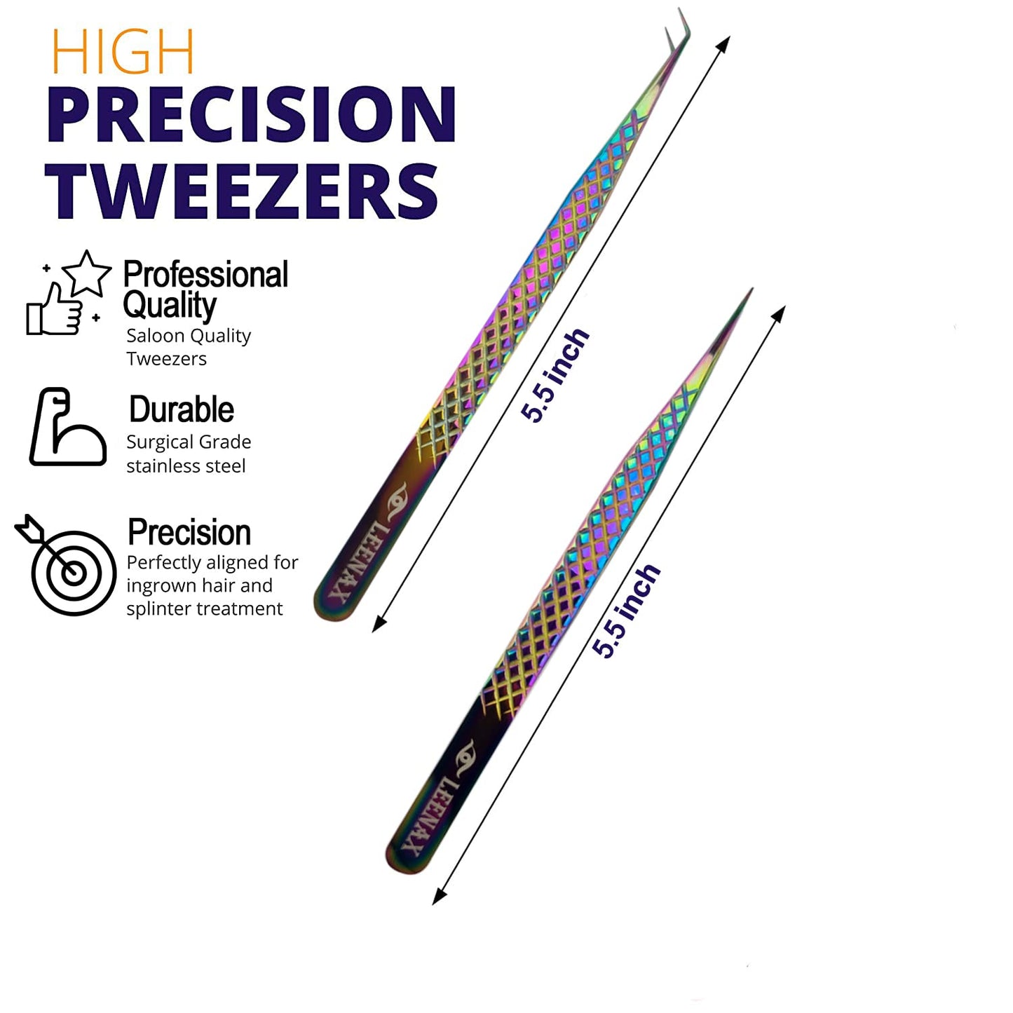 Eyelash Extension Tweezers Fiber Tip (Anti - Slip) Set of 2 pieces straight & curved with Diamond Grip, Rainbow Colour,14cm, volume Tweezers, Lash