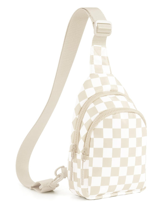 Checkered Sling Bag for Women Small Backpack Crossbody Chest Bag Fanny Packs Purses (Checkered Sling Bag - Beige)