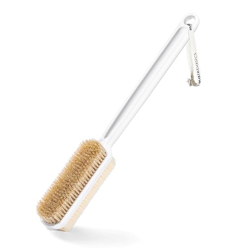 MainBasics Back Scrubber for Shower, Long Handle Body Brush with Dual-Sided Exfoliating and Soft Bristles, 15.75 Inch (White)