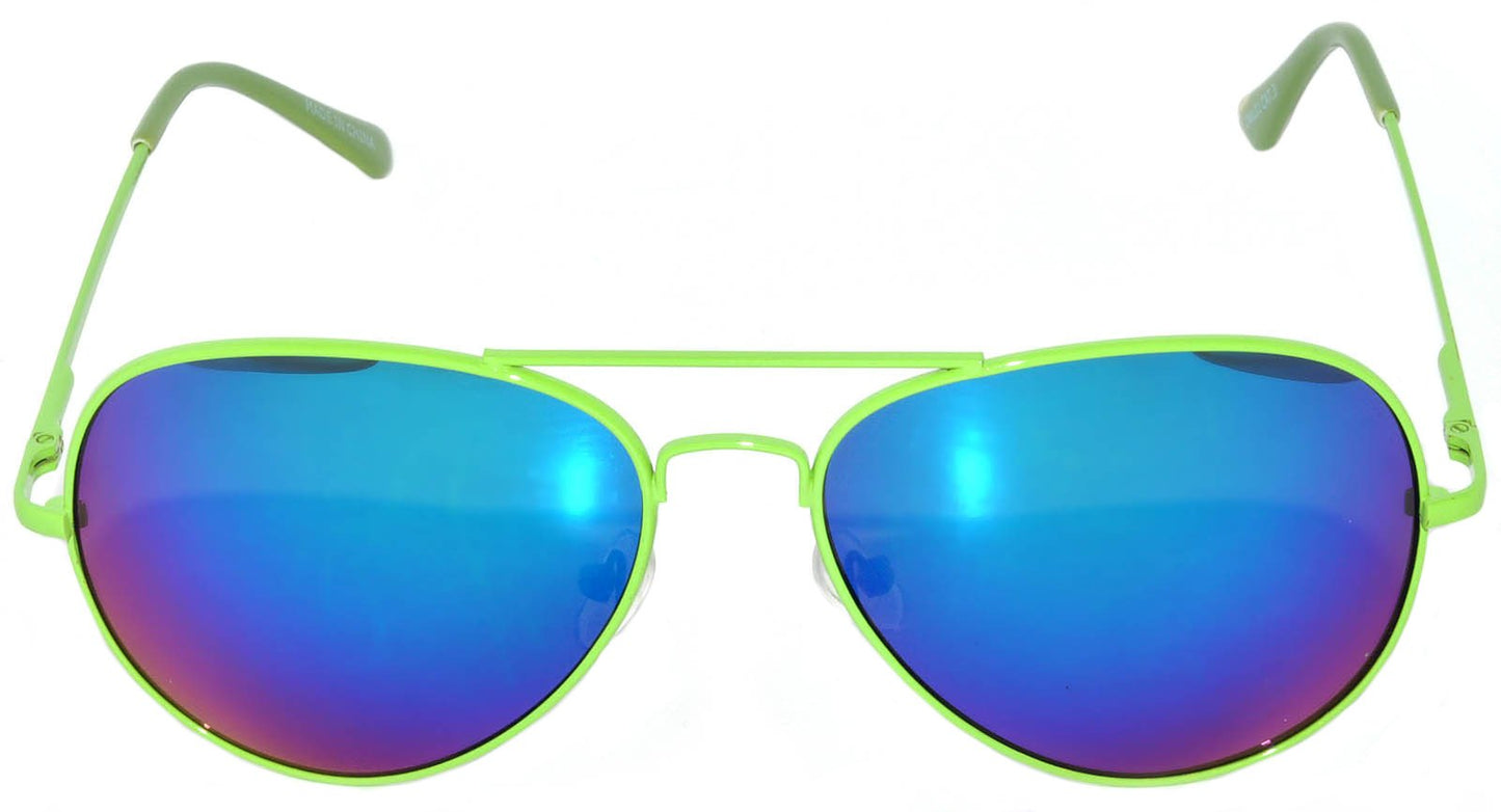 Classic Aviator Sunglasses Neon Green Metale Frame with Spring Hinge Blue Mirror Lens