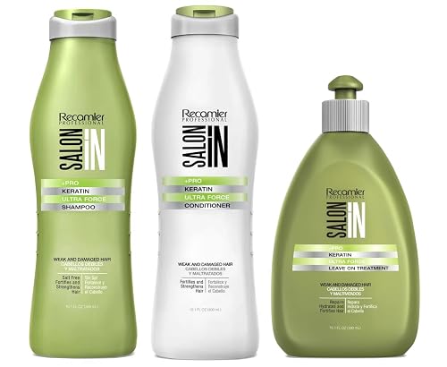 Salon In by Recamier | Keratin Ultra Force Set - Hair Shampoo, Conditioner and Treatment | Repair & Strength | 10.1 fl oz / 300 ml