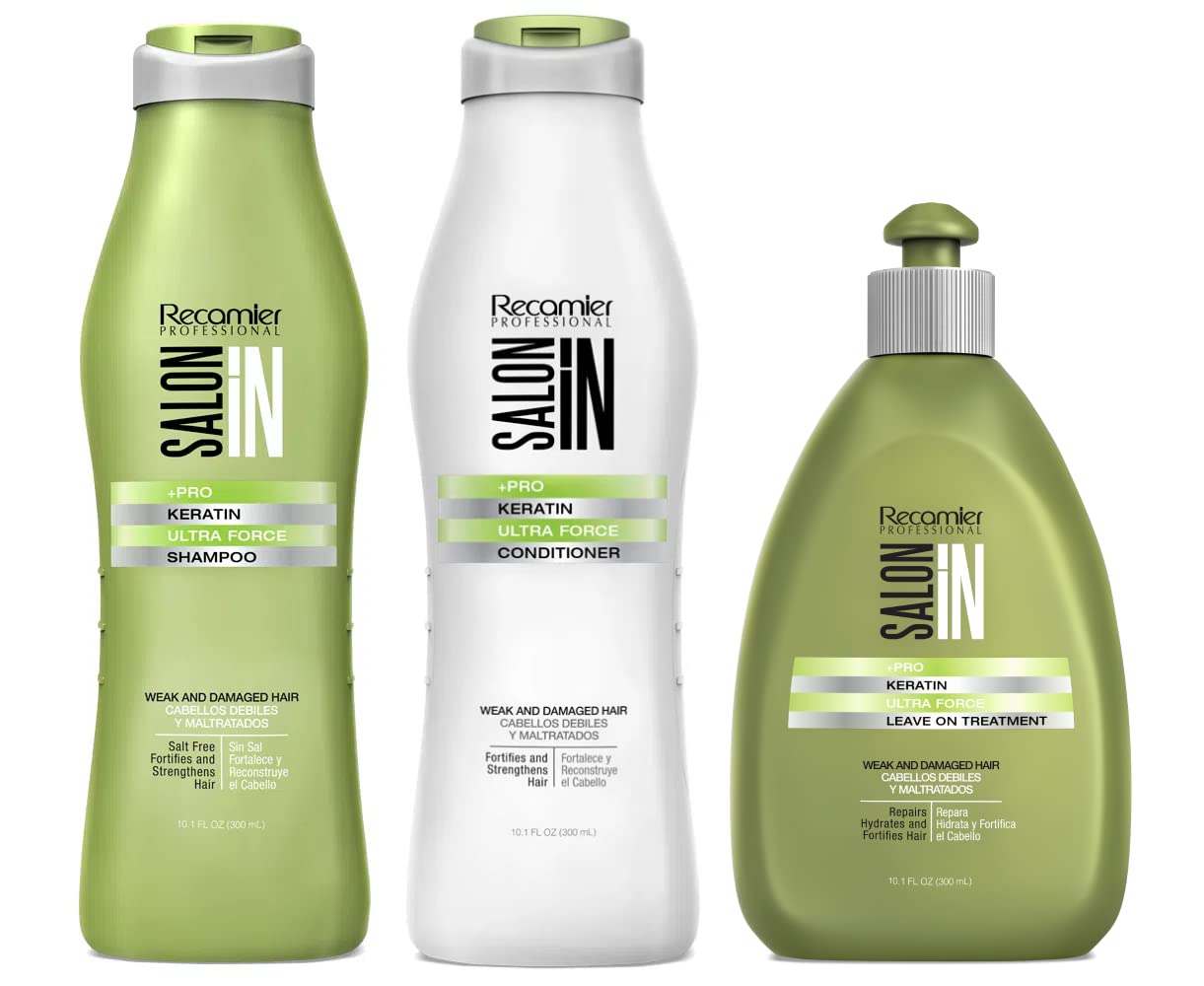 Salon In by Recamier | Keratin Ultra Force Set - Hair Shampoo, Conditioner and Treatment | Repair & Strength | 10.1 fl oz / 300 ml