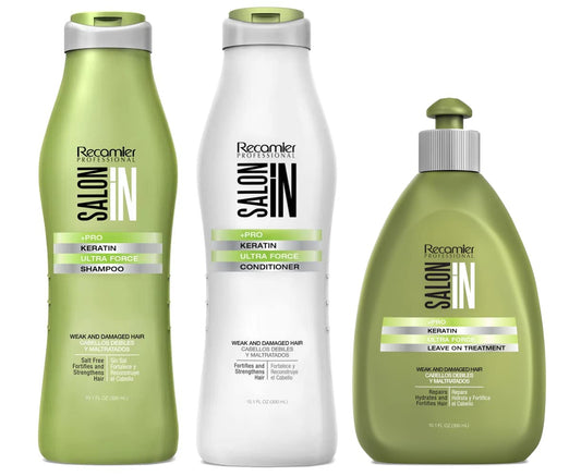Salon In by Recamier | Keratin Ultra Force Set - Hair Shampoo, Conditioner and Treatment | Repair & Strength | 10.1 fl oz / 300 ml