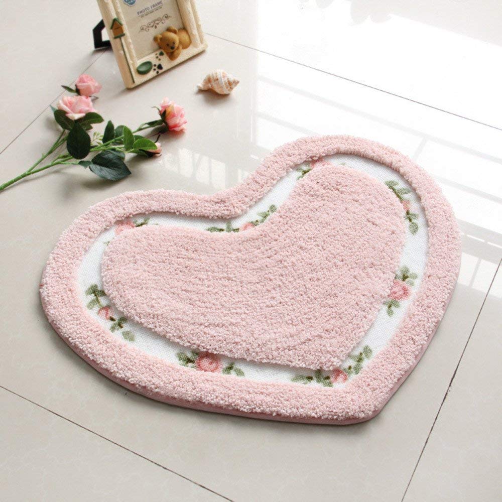 MOMIKA Pretty Floral Rose Heart Shape Bathroom Mat ，Super Soft Pink Shaggy Rug Floor Decoration Carpet，Great for Kitchen,Living Room,Toilet