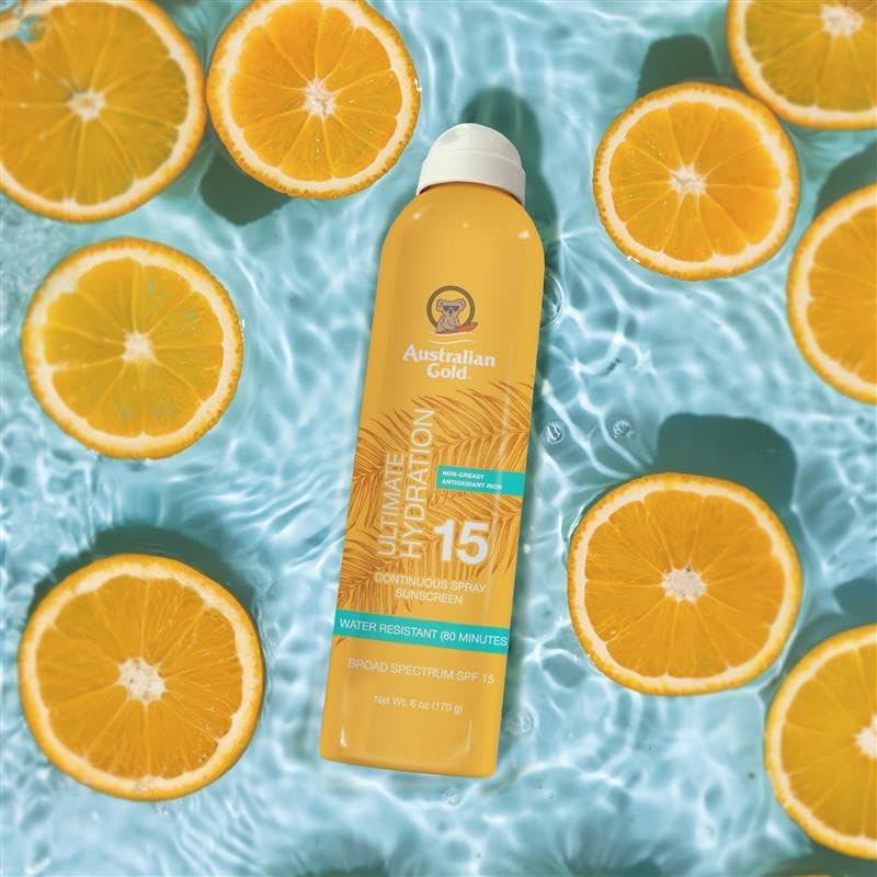 Australian Gold Continuous Spray Sunscreen SPF 15, 6 Ounce, Dries Fast, Broad Spectrum, Water Resistant, Non-Greasy, Oxybenzone Free, Cruelty Free,A70908