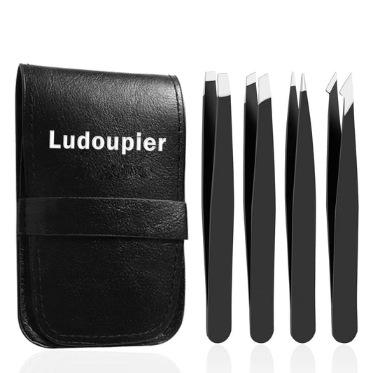 LUDOUPIER [4+1 Pieces] Tweezers Set with Travel Case, Great Precision Upgrade Professional Anti-rust Alloy Tweezers for Women & Men Multi-purpose as Beauty & Personal Care LUDOUPIER