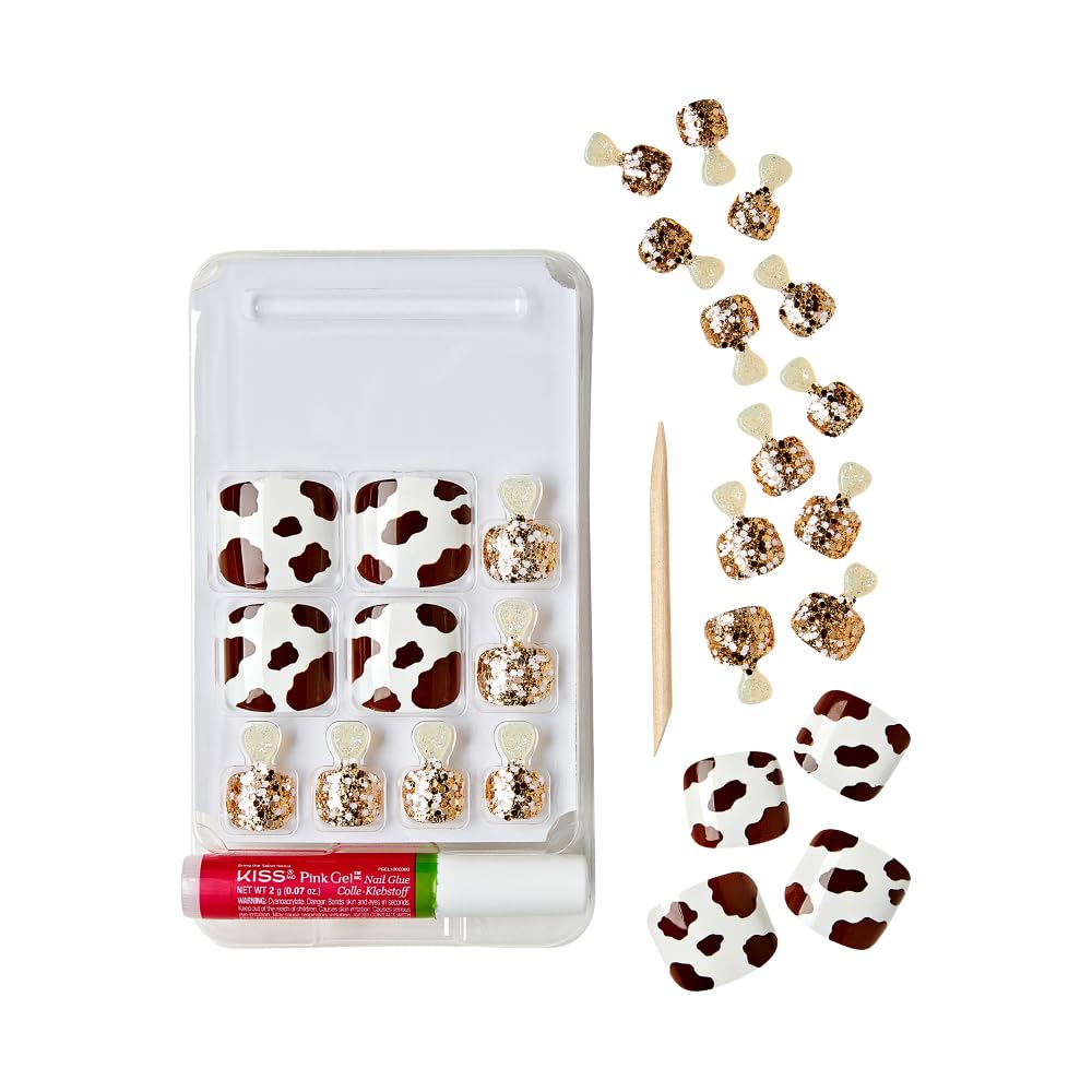 GoldFinger Trendy Press On Fake Toenail Wider Fit, Cow Animal Print & Glittering Metallic Gold Color, Ready to Wear Gel & Manicure Stick, Mini Glue Beauty & Personal Care Goldfinger