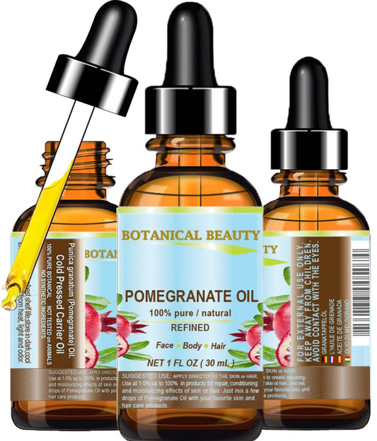 Botanical Beauty POMEGRANATE OIL 100% Pure Natural Refined Cold-pressed Carrier oil 1 Fl oz 30 ml for Face, Skin, Body, Hair, Lip, Nails. Rich in