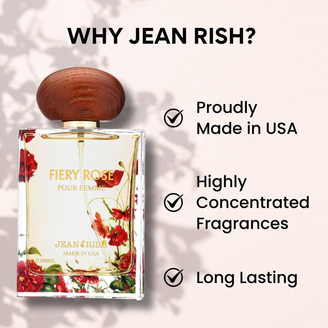 Jean Rish Fiery Rose Perfume for Women Eau De Parfum, Long-Lasting Luxury Fragrance, Made In USA - Rose, Peony, Peach, Musk, Sandalwood Scent - 100ml Beauty & Personal Care Jean Rish