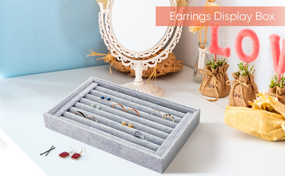 Estink Velvet Ring Earrings Display Box, Cufflinks Trays Showcase Display Ring Insert Case Holder Organizer Great for Gifts,Grey