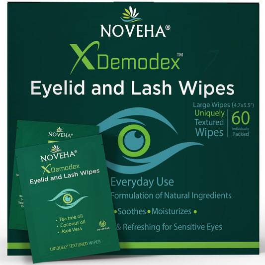 NOVEHA Demodex Eyelid & Lash Wipes | Box Of 60 Individually Wrapped Extra Strength Cleansing Eyelash Wipes - Battle Itchy & Irritated Eyes associated Beauty and Personal Care NOVEHA Default Title