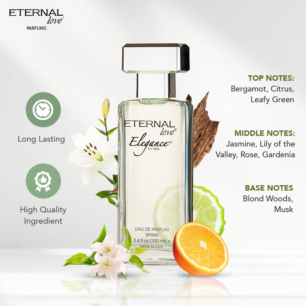 Eternal Love Elegance for Men - Long Lasting Eau de Parfum Spray - Clean Masculine Floral Aquatic Fragrance with Jasmine & Musk - Summer Scent - 3.4oz