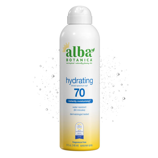 Alba Botanica Hydrating Sunscreen Spray for Face and Body, Broad Spectrum SPF 70 Sunscreen, Water Resistant, 5 Fl. Oz. Bottle