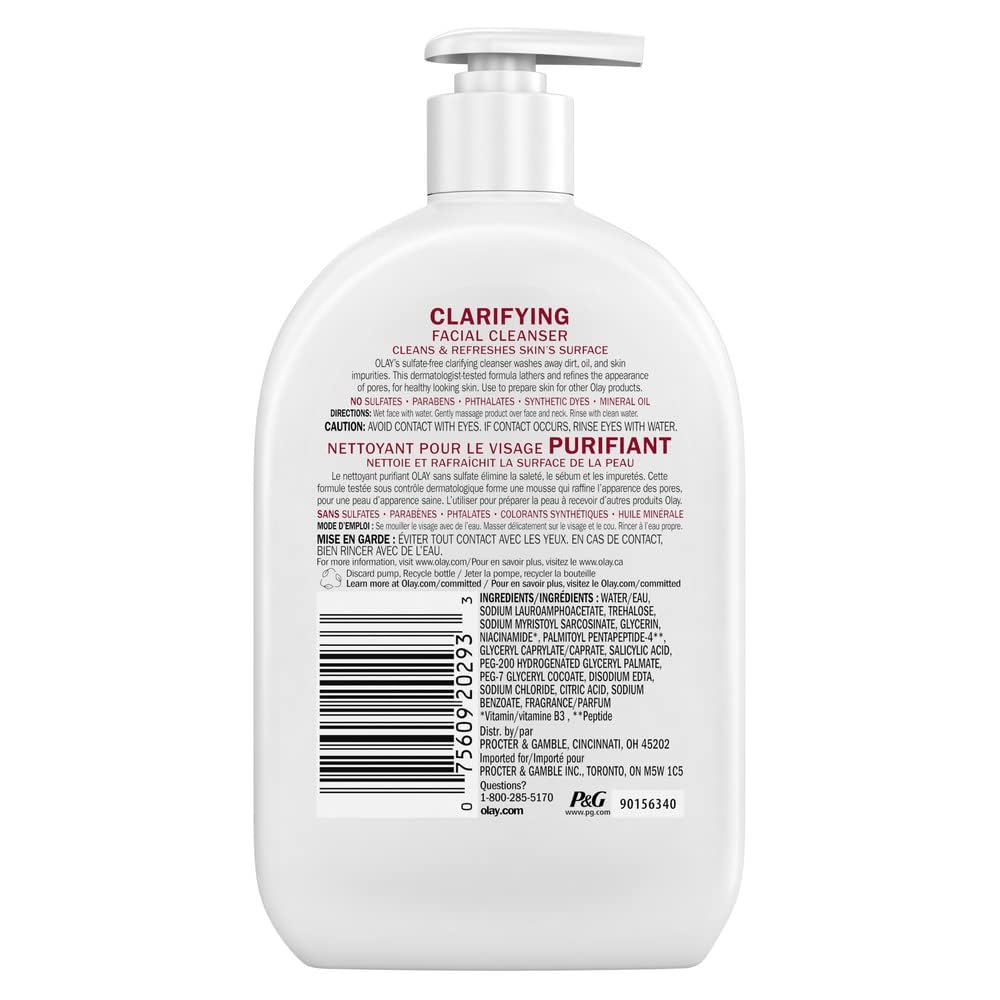 Olay Face Wash, Daily Facial Cleanser with Niacinamide, Peptides & Glycerin - Clarifying, Refreshes Skin Surface, Refines Appearance of Pores