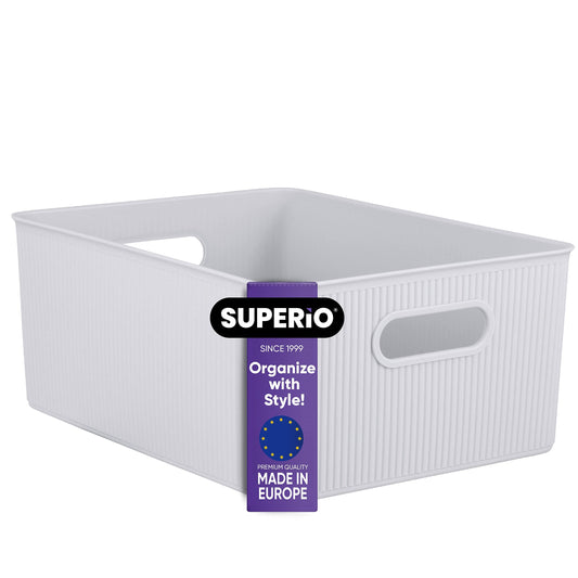 Superio Ribbed Collection - Decorative Plastic Open Home Storage Bins Organizer Baskets, Large White Smoke (1 Pack) Container Boxes for Organizing…