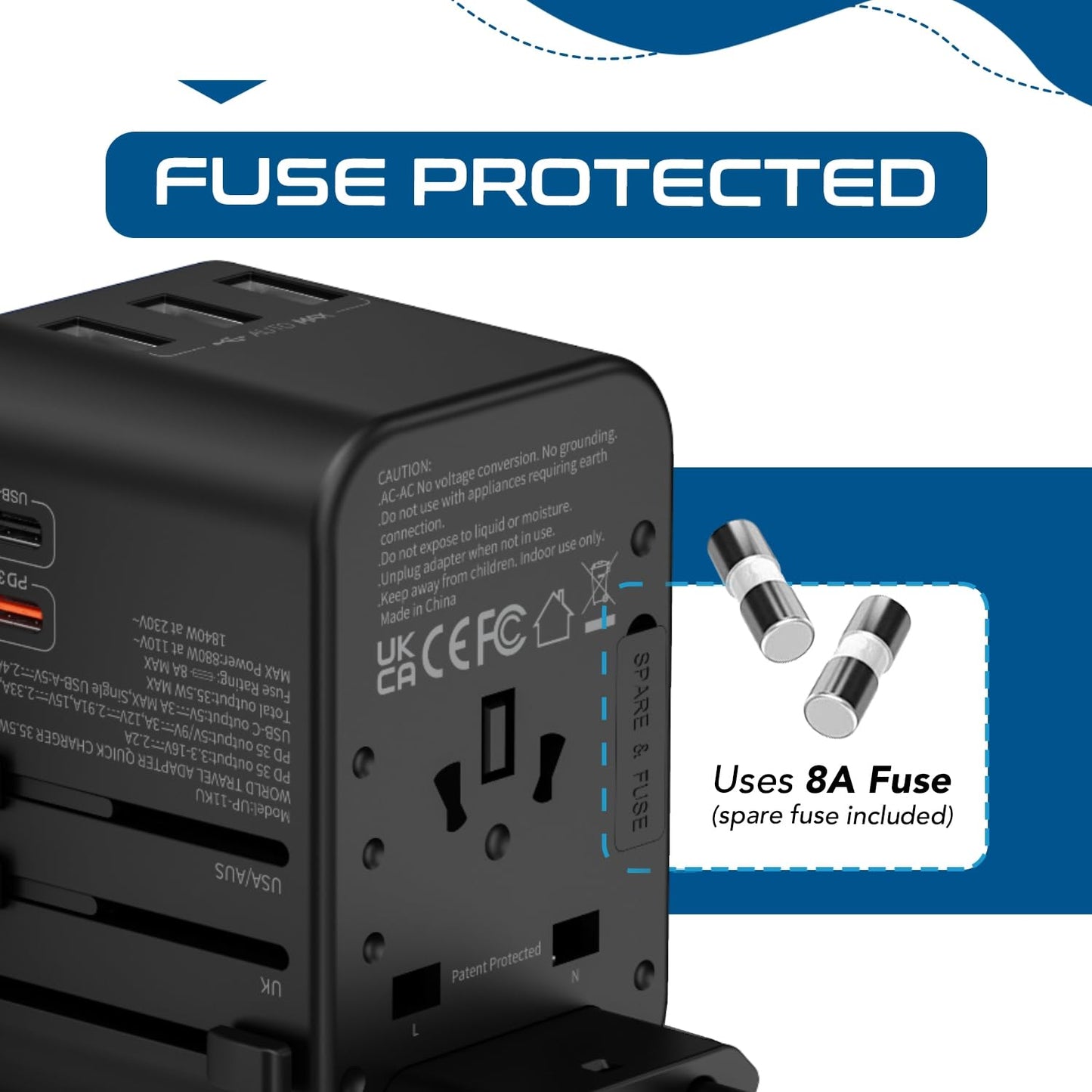 Ceptics 35W Universal Travel Adapter – PD & QC 3.0, Dual USB-C, 3 USB Ports, Worldwide Plug for EU/US/UK/AU – Model 11-KU