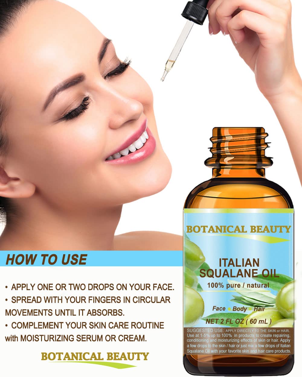 Botanical Beauty SQUALANE Italian. 100% Pure/Natural/Undiluted Oil. 100% Ultra-Pure Moisturizer for Face, Body & Hair. Reliable 24/7 skincare