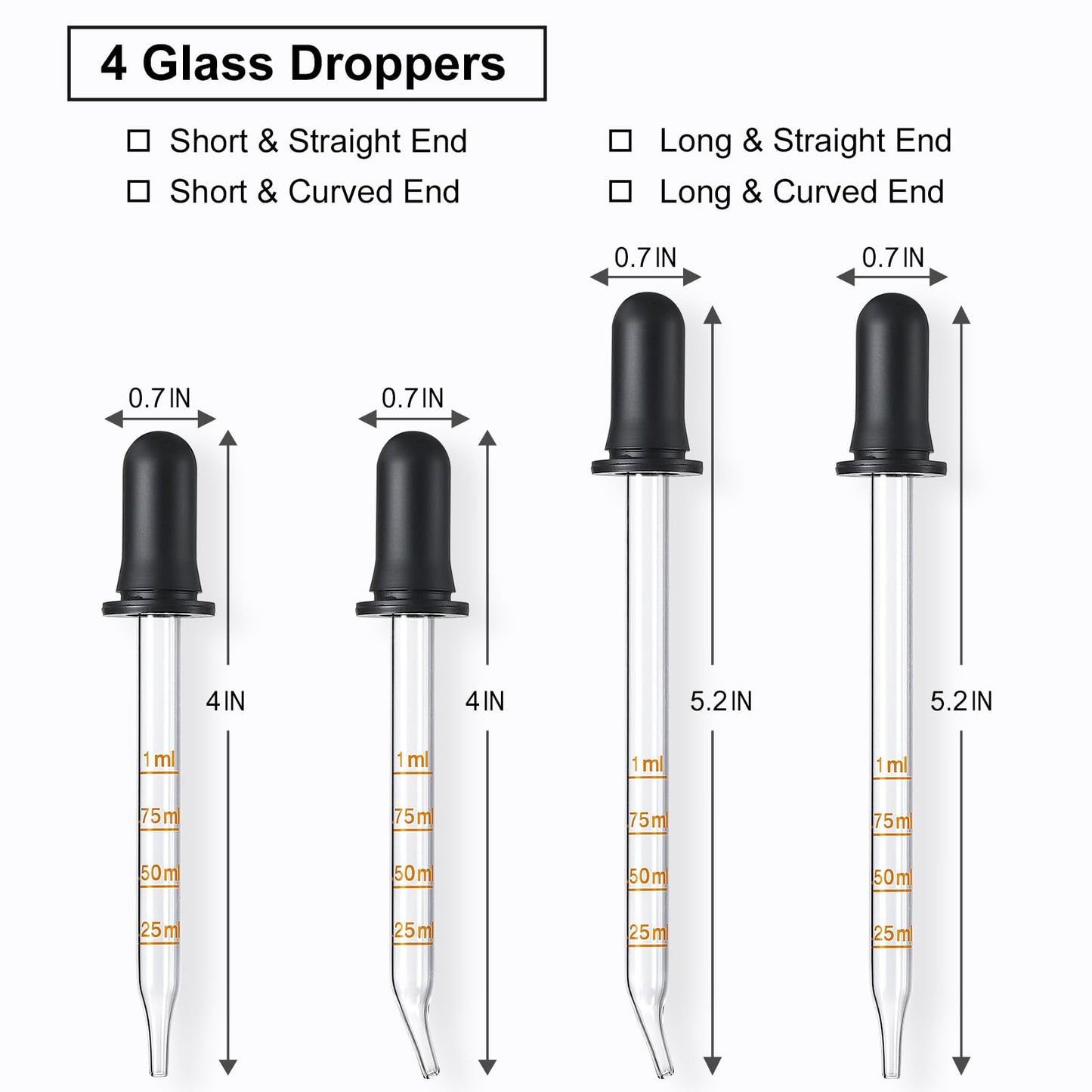 4 Pack, 1 mL Glass Eye Dropper with Measurement - Long & Short, Bent & Straight Tip Calibrated Glass Medicine Droppers, Accurate Dose Pipette Dropper Beauty and Personal Care LANDNEOO
