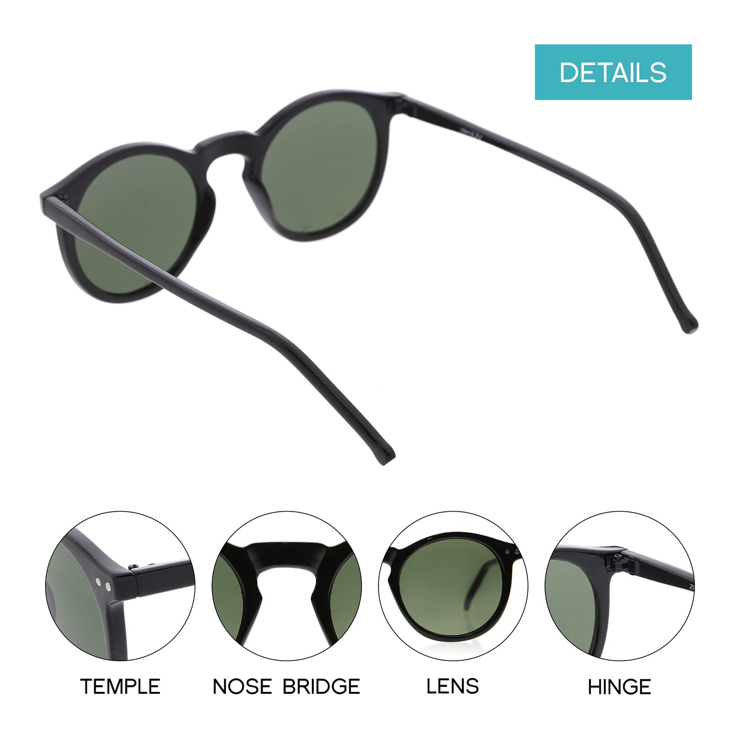 zeroUV - Vintage Retro Horn Rimmed Round Circle Sunglasses with P3 Keyhole Bridge (Black/Green)