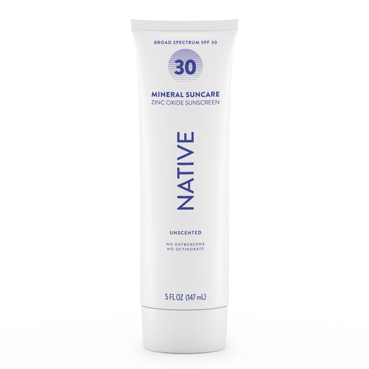 Native Sunscreen SPF 30, Zinc Oxide Dermatologist Tested Suitable for Sensitive Skin & Hawaii Compliant, 5 Ounces | Unscented Sun Protection Lotion