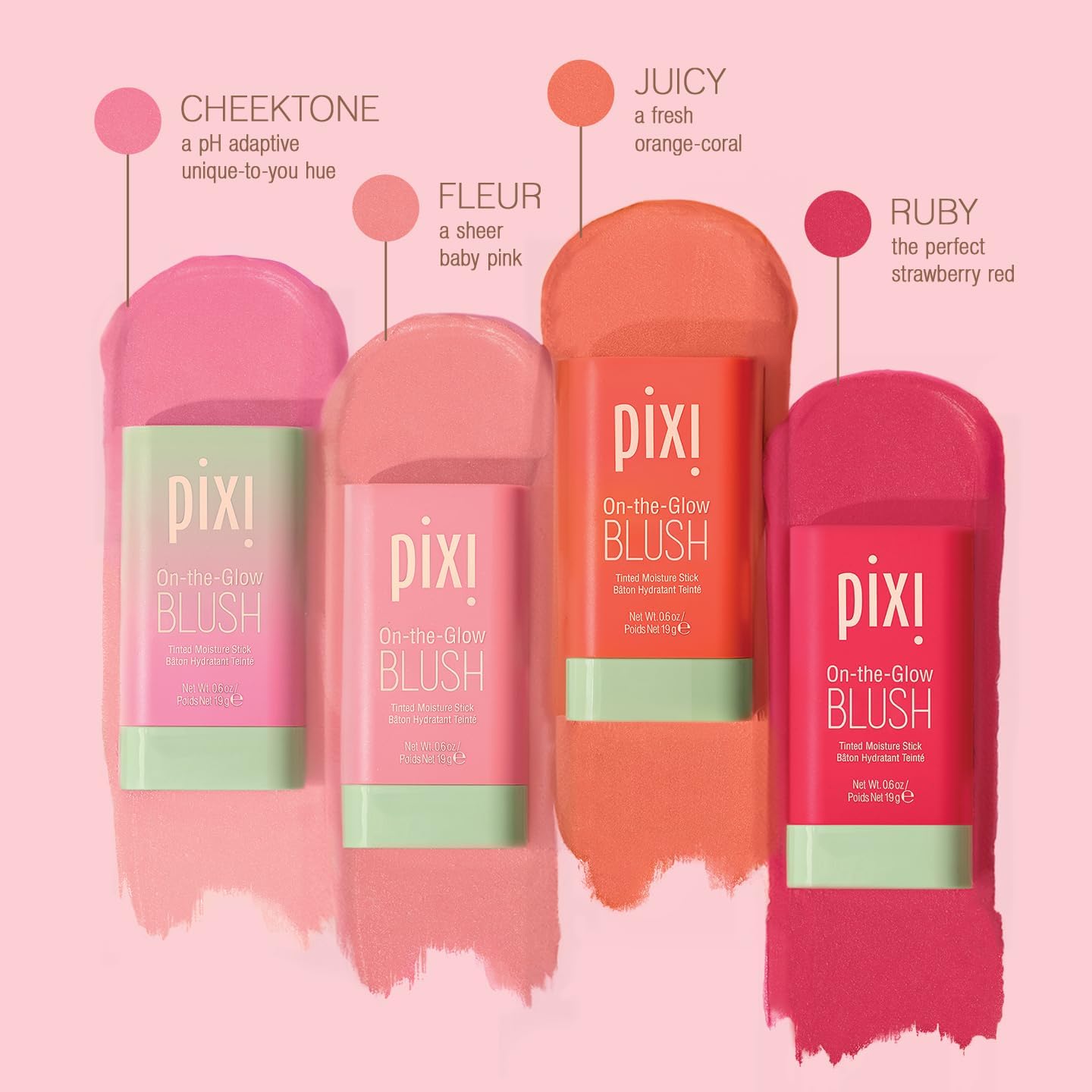 Pixi On-the-Glow Blush Stick in Ruby, Hydrating Tinted Moisture Stick for Cheeks and Lips with Ginseng, Aloe Vera and Fruit Extracts, Twist-Up Design