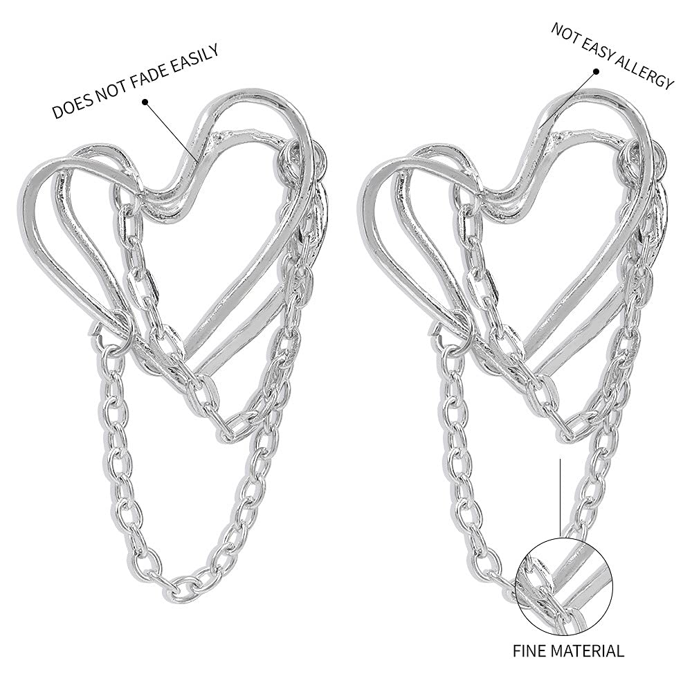 JWICOS Tassel Chain Drop Dangle Double Layer Big Heart Hoop Earrings for Women Punk Style (Silver)