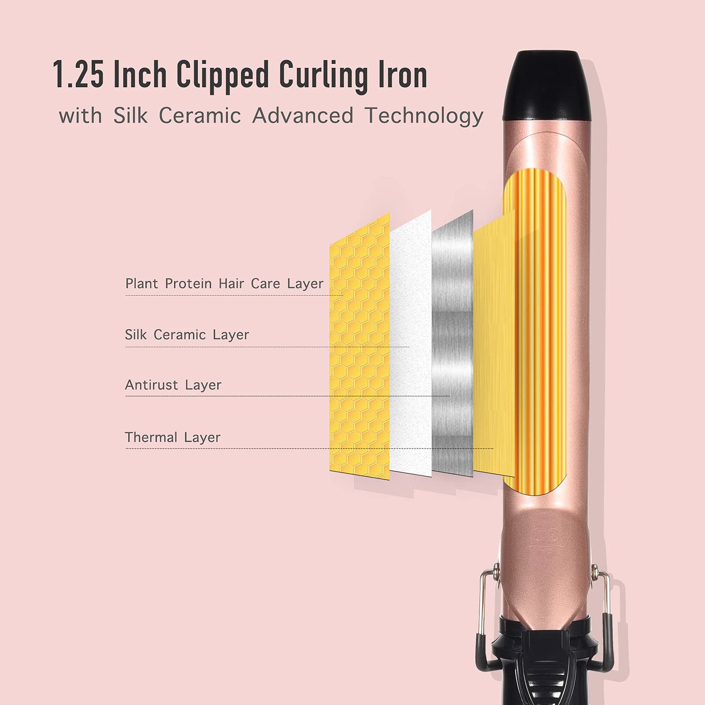 Lanvier 1.25 Inch Clipped Curling Iron with Extra Long Tourmaline Ceramic Barrel, Professional Hair Curler up to 450°F Dual Voltage for Traveling
