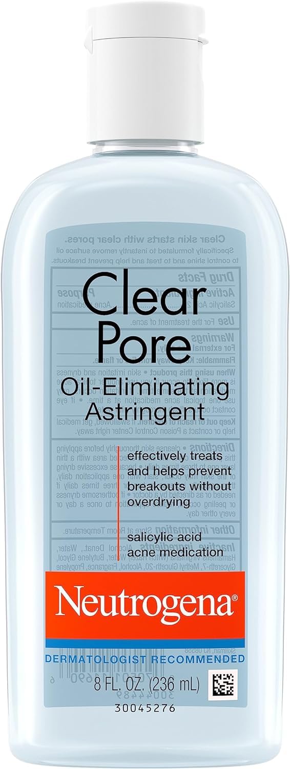 Neutrogena Clear Pore Oil-Eliminating Facial Astringent with 2% Salicylic Acid Acne Medication and Witch Hazel, Pore Clearing Treatment for Acne-Prone