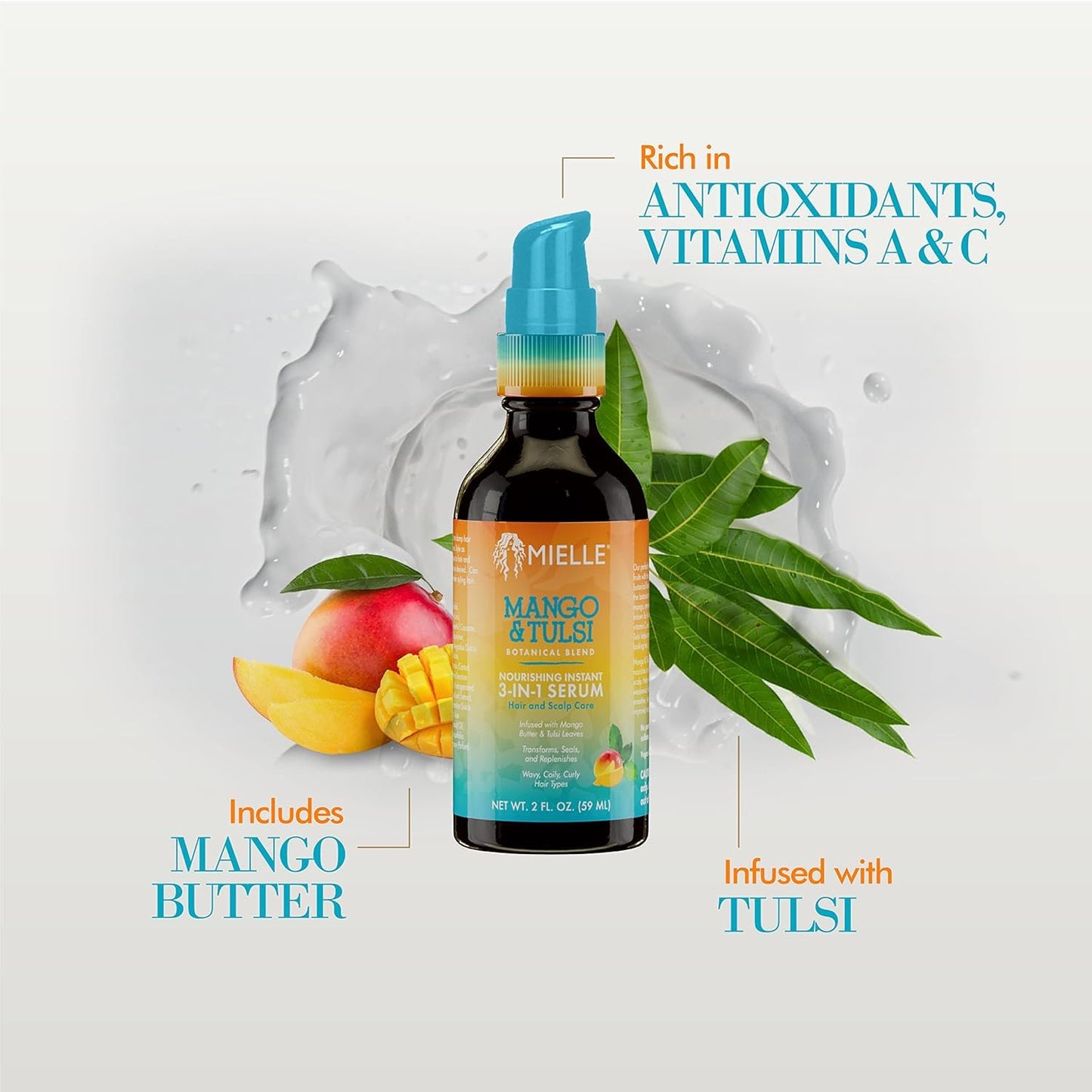 Mielle Organics Mango & Tulsi Nourishing 3-in-1 Hair Serum - Hair & Scalp Serum for Frizz Control, Split Ends & Moisture Balance - Strengthens