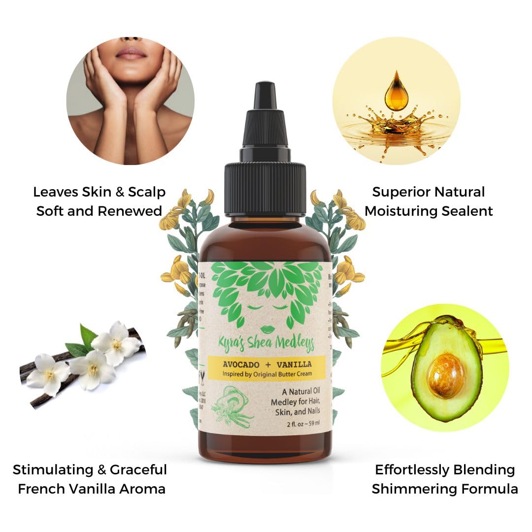 Multiuse Avocado + Vanilla Oil Medley for Face, Body, and Hair - Natural Avocado Oil, Shea Nut Oil, Vanilla Essential Oil, and Vitamin E - Seals
