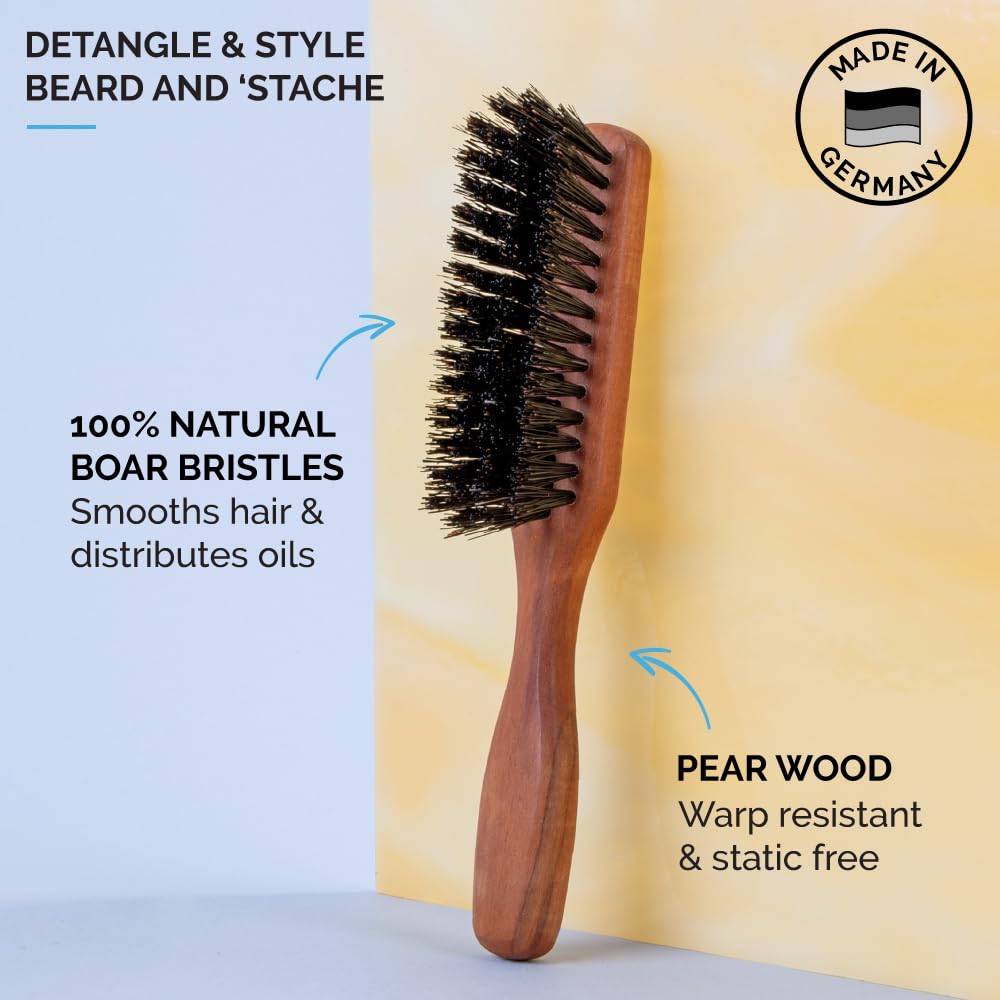 ZEUS Stiff Boar Bristle Beard & Mustache Brush for Men with Extended 6" Handle, Firm Natural Bristles for Styling & Detangling Facial Hair (Made