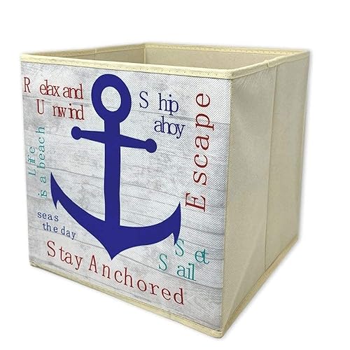 BANBERRY DESIGNS Collapsible Storage Bins - Nautical Beach Themed Cube - Catch All Basket - Organizer Box - Canvas Fabric Foldable Container…
